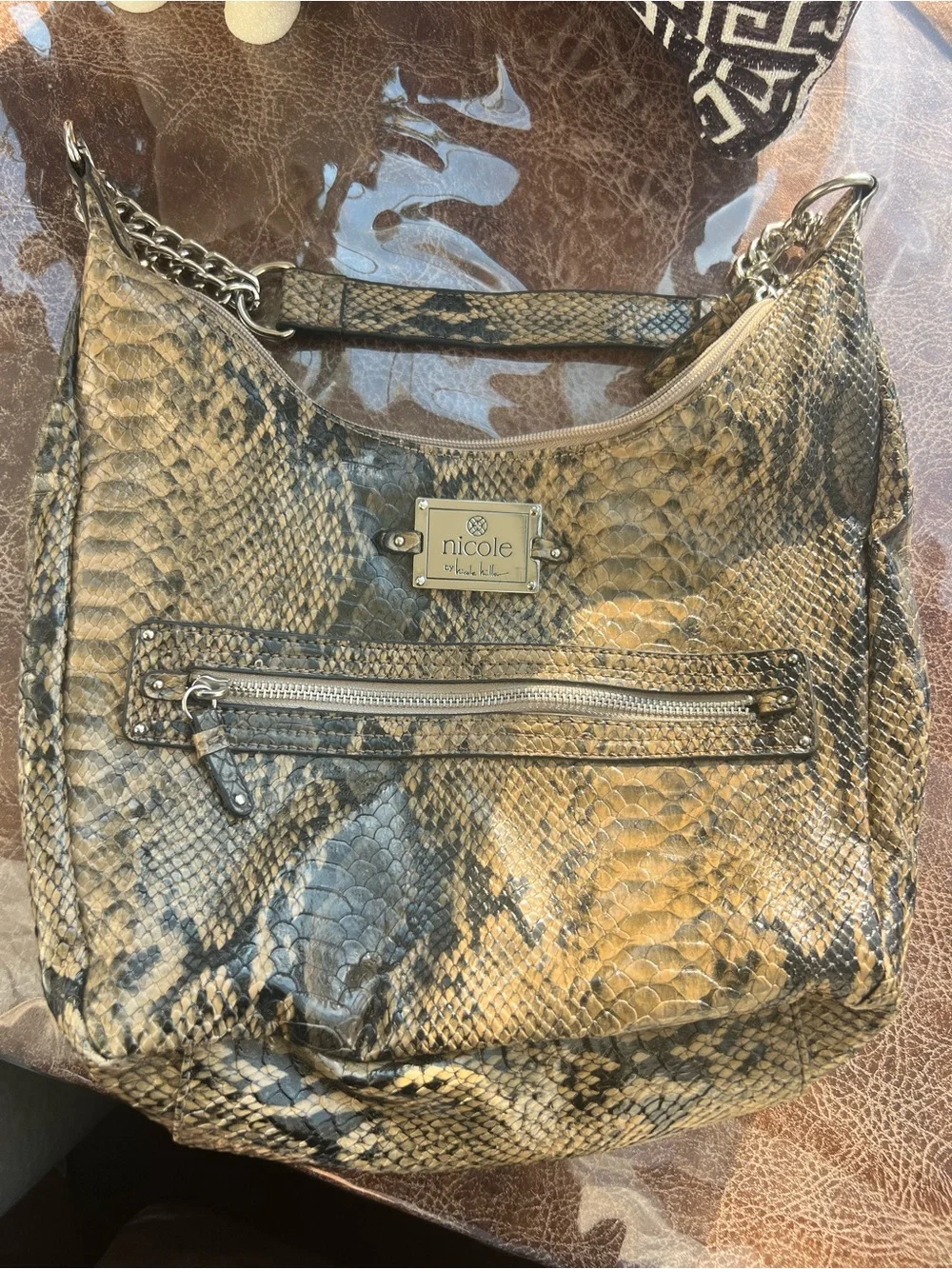 Nicole by Nicole Miller Brown Tan Snake-Print Hobo Bag with Chain Strap